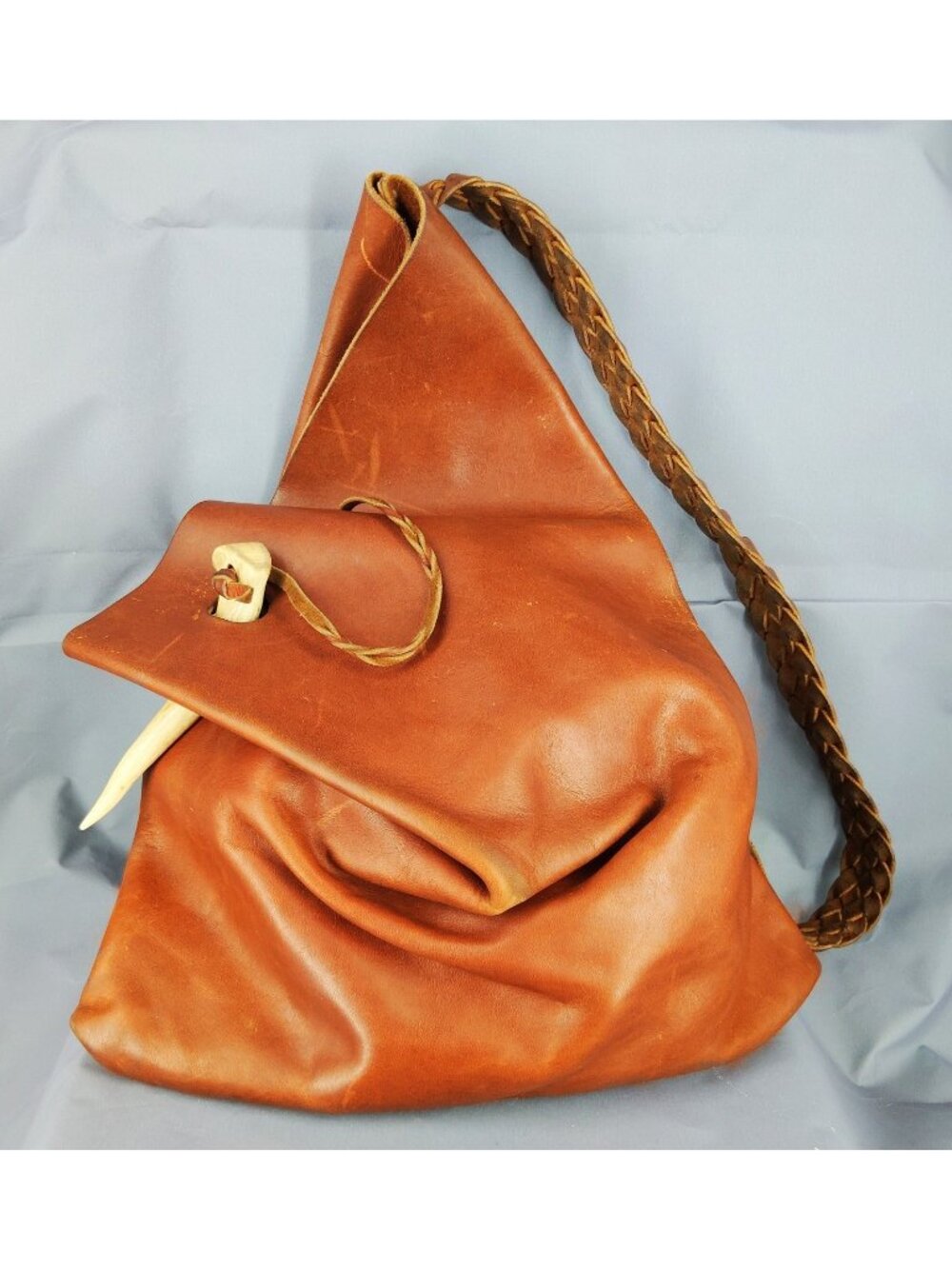 Handmade Leather Shoulder Bag Braided Strap Antler Toggle Rustic Boho Artisan